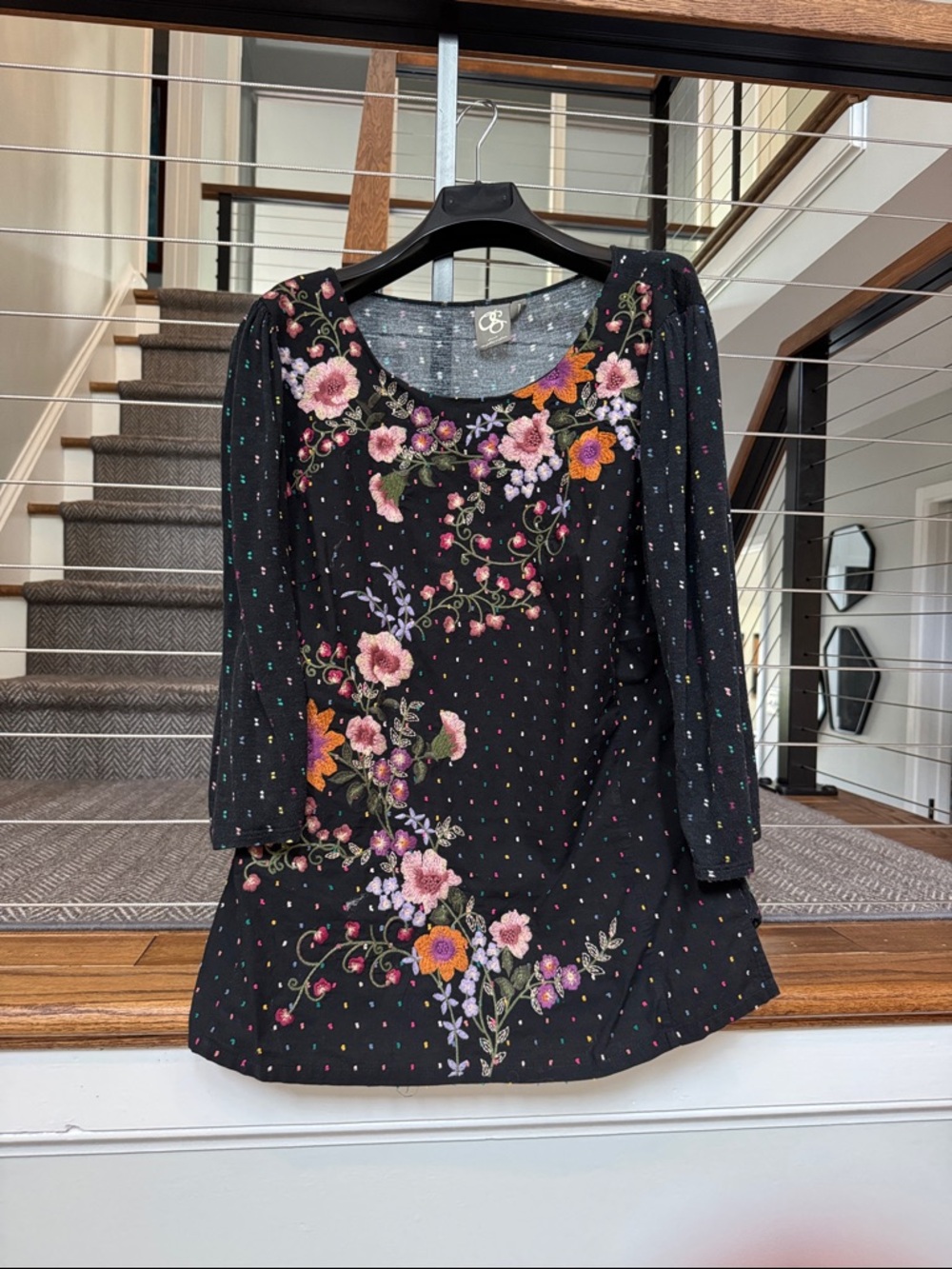 Black Floral Embroidered Scoop Neck Blouse